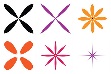 Set of abstract floral symbols with petal shapes in bold colors for decoration, icons, and design