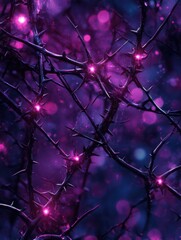 A mystical pattern of thorns and flowers with glowing purple highlights