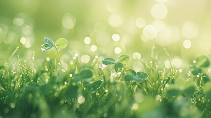 close-up of dewdrops on clover leaves in Irish morning meadow, soft greens and crystal clear droplets