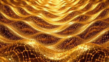 golden patterns flowing and shimmering in a wave like formation, creating a captivating and luminous effect, hyper realistic style, subject positioned at the top with ample copy space at the bottom.