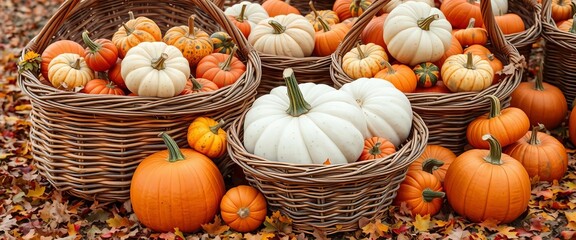 Oversized woven baskets overflowing with various sized pumpkins and gourds, autumn leaves scattered around,  baskets,  texture