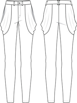 Technical Drawing and Fashion CAD Mockup of Women&rsquo;s High-Rise Skinny Fit Jeans with Cowl Detailing and Slanted Pockets &ndash; Front and Back Views