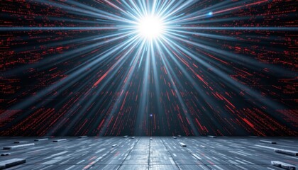 subject at the bottom with copy space at the top, under a solar flare, against an abstract glitch texture background in 3d rendering.