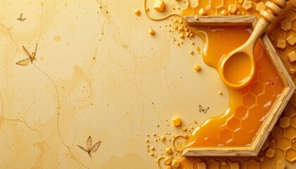 abstract hexagon honeyb structure filled with golden honey on the right, with ample copy space on the left.