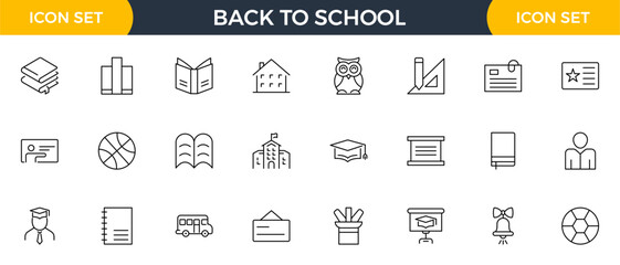 Back to school line icons set. Education, learning, school, online school, outline education, graduation, study, lesson, book, telescope, backpack and bus outline icon collection.