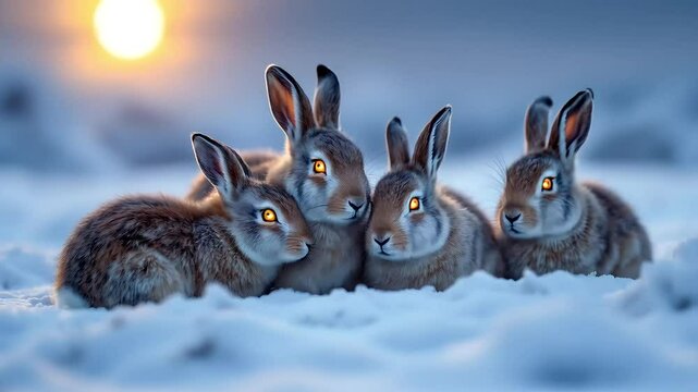 A group of Arctic hares huddling together in a small, sheltered patch of snow, their bright eyes peering through the winter wilderness under the glow of the Arctic moo