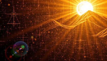 abstract glitch texture background with sunlit gold tones, 3d rendering digital backdrop under solar flare, subject positioned at the top with ample copy space at the bottom.