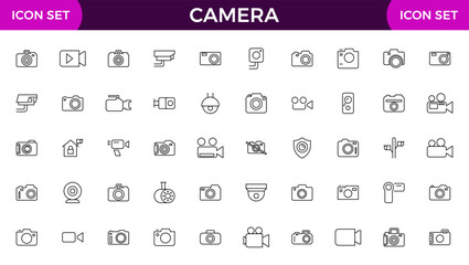 Camera line icon collection. Photography, video, shooting, camera lens, tripod, studio, action camera and camera and equipment line icon set.