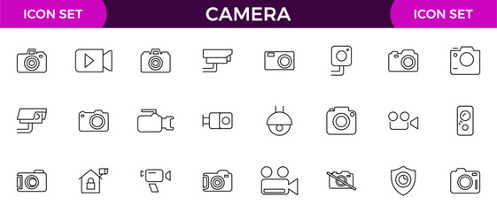 Camera line icon collection. Photography, video, shooting, camera lens, tripod, studio, action camera and camera and equipment line icon set.