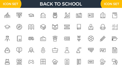 Back to school line icons set. Education, learning, school, online school, outline education, graduation, study, lesson, book, telescope, backpack and bus outline icon collection.