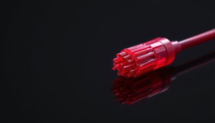 isolated optical fiber on black background, subject on right side, crimson tones, with copy space on left.
