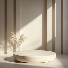 Fototapeta premium Empty round podium in modern beige interior with sunlight