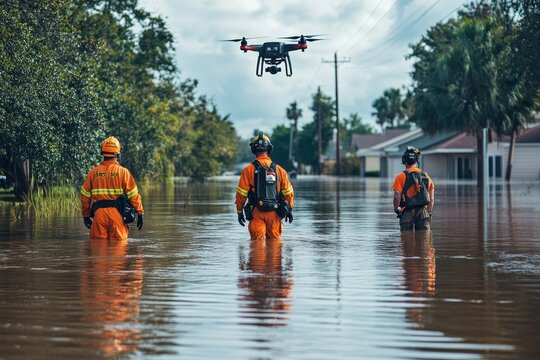 Emergency responders navigate flooded streets as a drone assists in search and rescue efforts during a severe weather event