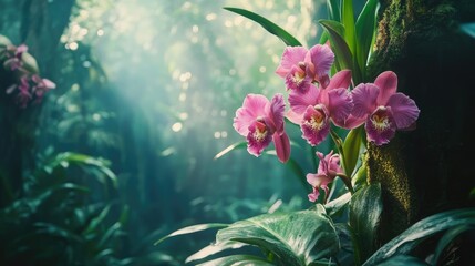 close-up of orchids growing wild in Amazon forest, dramatic magenta and jungle greens © Aphirak