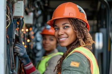 Celebrating empowered women fostering inclusivity in the workplace while engaging in hands-on electrical work and collaboration at a construction site