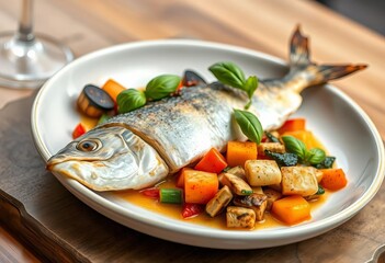 Pan-seared dorado fillet with vibrant roasted vegetables & fresh basil Gourmet restaurant dish, basil, dinner