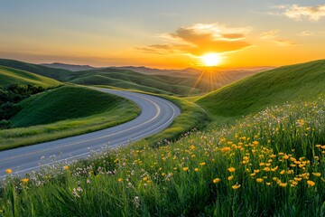 Winding Road Through Green Hills at Sunset