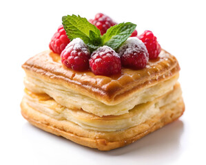 Puff pastry desert on white background.