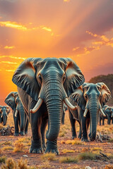 Fototapeta premium Majestic Elephant Herd at Sunset – Wildlife Safari Landscape