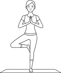 Young woman meditating in lotus position line drawing vector illustration