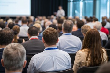 A section of an audience is shown from behind during a presentation. 