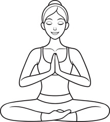 Cartoon girl meditating in lotus position line art vector illustration