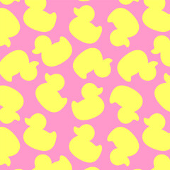 Seamless duck wrapping paper of yellow rubber duck silhouettes on a pink background. Playful vector design for kids’ decor and party themes.