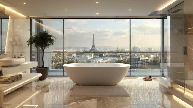 Modern Luxurious Bathroom with Scenic View of Eiffel Tower Overlooking the Cityscape at Sunset 4k video footage