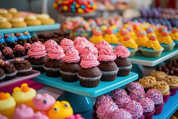 A colorful array of desserts, including brownies, cookies, and cupcakes, displayed on a dessert table