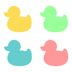 Cute duck silhouettes in different colors and styles. Cartoon and outline versions for kids’ designs. Vector silhouette of duck in various styles.
