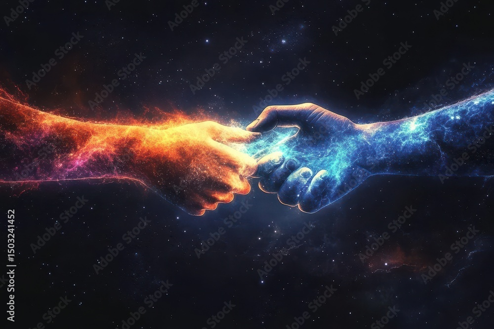 Poster cosmic handshake representing eu digital diplomacy, showing partnership and collaboration in the con