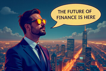 An illustration of a visionary entrepreneur in a suit, with sunglasses reflecting cryptocurrency symbols, set against metropolis, featuring a bold speech bubble stating "The Future of Finance is Here"