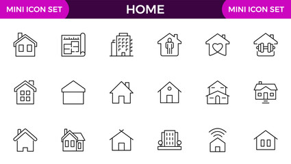 Home and house line icon collection. Real estate, building, key, smart home, family, home loan, rent house and management icon set.