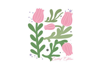Limited Edition - Illustration Floral Pink Tulip Illustration   with green leaves Design
