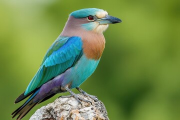 Obraz premium European roller coracias garrulus perched peacefully on a rock, displaying its vibrant plumage in the warm light of a sunny afternoon, with a soft green background