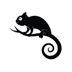 Simple black silhouette of a chameleon perched on a branch against a white background