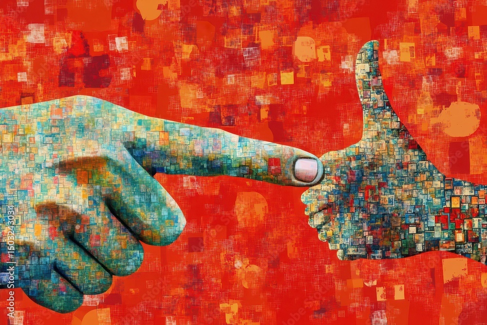 Poster conceptual art showing a finger pointing towards a thumb up, symbolizing positive feedback in digita