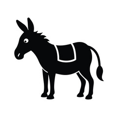 Simple cartoon illustration of a black donkey with saddle isolated on a white background