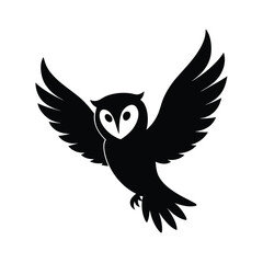 Black and white vector illustration of an owl with open wings isolated on white background