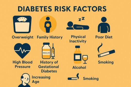 Diabetes Risk Factors Graphic Depicting Overweight, Family History, Inactivity, Poor Diet, High Blood Pressure, Gestational Diabetes, Alcohol, Smoking and Increasing Age