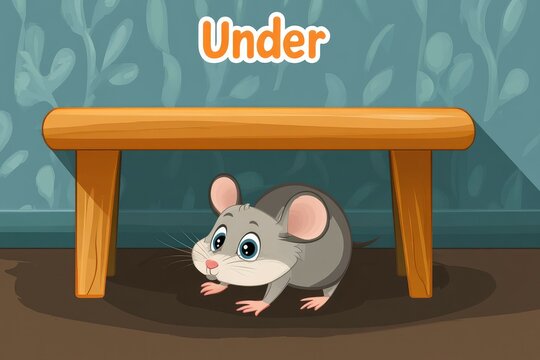 mouse under table, labeled "Under", location preposition flashcard for kids, flat vector