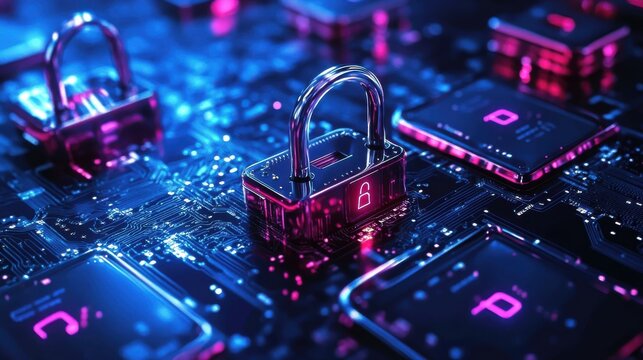 Enter cybersecurity art merging hacker alerts, digital risks, and data protection in a tech domain.