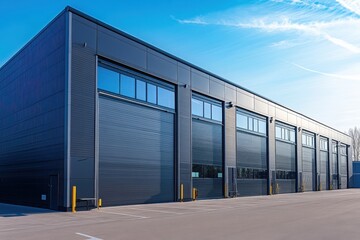 Modern grey warehouse exterior with closed doors on a sunny day during daylight hours with a blue sky and few clouds
