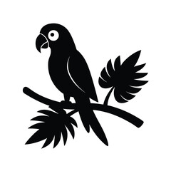 Black silhouette of a parrot perched on a branch with leafy branches displayed