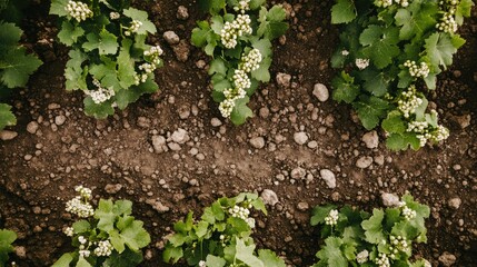 flat lay of flowering vines and garden soil in Sicilian vineyard, vibrant greens and earthy tones