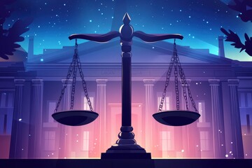 Fairness scales of justice stand tall against the backdrop of a stately Courthouse at night under a starry sky, representing law, balance, and the pursuit of Justice