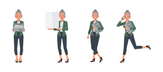 Obraz premium Business woman with white hair tied up wear green shirt character vector illustration design set. Women carrying documents to a meeting.