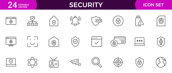 Set of Security web icons in line style. Guard, cyber security, password, smart home, safety, data protection, key, shield, lock, unlock, eye access. Security outline icon set.