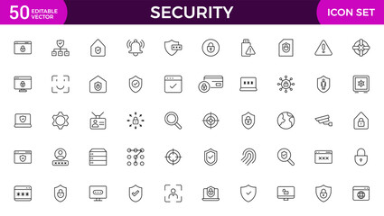 Set of Security web icons in line style. Guard, cyber security, password, smart home, safety, data protection, key, shield, lock, unlock, eye access. Security outline icon set.