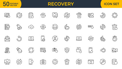 Set of outline icons related to recovery. Linear icon collection. Editable stroke. Vector illustration